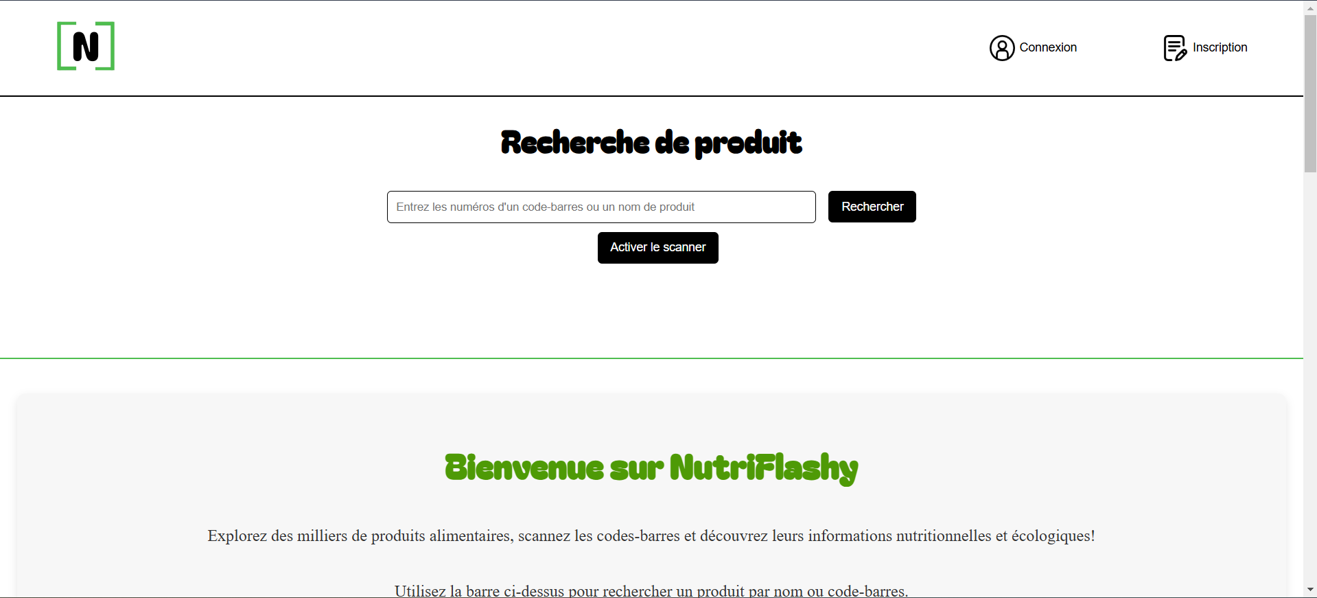 Page d'accueil de l'application NutriFlashy